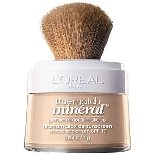 L'Oreal Paris Makeup True Match Loose Powder Mineral Foundation, skin-improving minerals control shine, reduce appearance of pores, leave skin soft and even, built-in brush, Natural Beige, 0.35