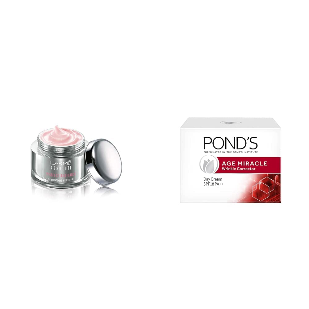 Lakmé Absolute Perfect Radiance Skin lightening/Brightening Night Creme 50 g And POND'S Age Miracle Wrinkle Corrector SPF 18 PA++ Day Cream 50 g