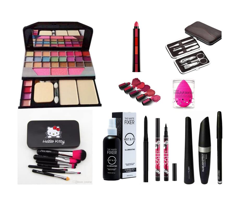 Glowhouse Professional makeup combo 6155 Makeup kit,Lipstick,Makeup sponge,Black hellom kitty makeup brush,Eyeliner,Mascara set combo (Set of 10)