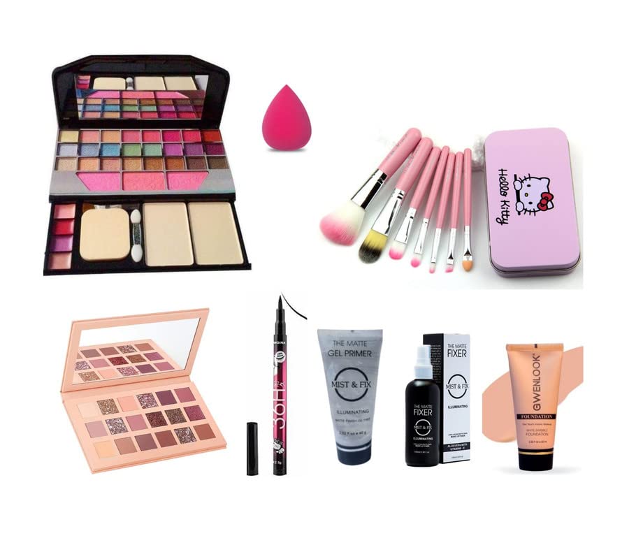 Glowhouse Professional makeup combo 6155 Makeup kit,Lipstick,Makeup sponge,Black hellom kitty makeup brush,Eyeliner,Mascara set combo (Set of 10)