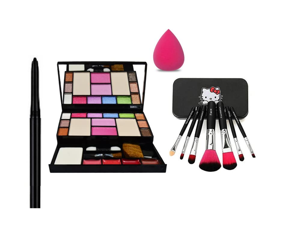 Glowhouse Professional makeup combo 6155 Makeup kit,Lipstick,Makeup sponge,Black hellom kitty makeup brush,Eyeliner,Mascara set combo (Set of 10)
