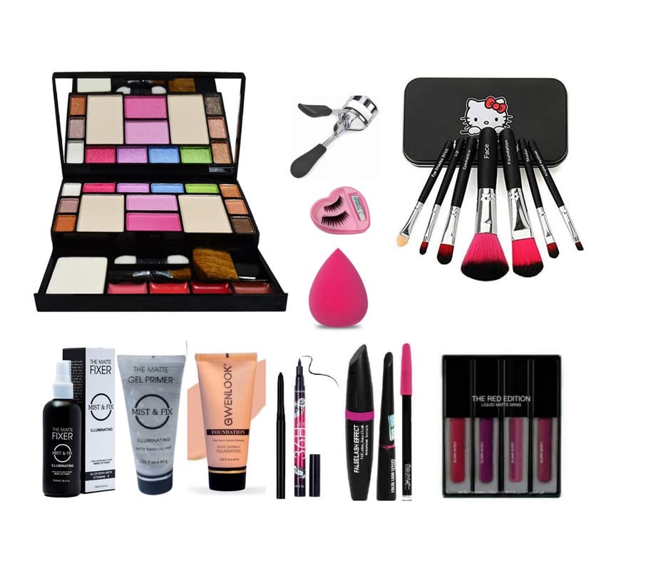 Glowhouse Professional makeup combo 6155 Makeup kit,Lipstick,Makeup sponge,Black hellom kitty makeup brush,Eyeliner,Mascara set combo (Set of 10)