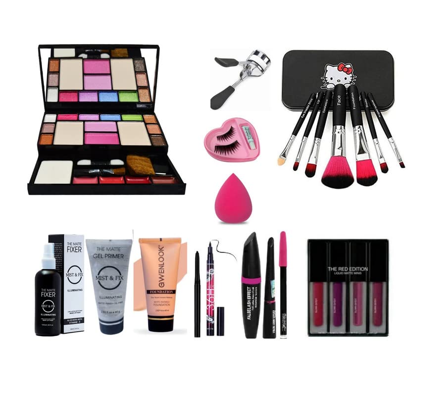 Glowhouse Professional makeup combo 6155 Makeup kit,Lipstick,Makeup sponge,Black hellom kitty makeup brush,Eyeliner,Mascara set combo (Set of 10)