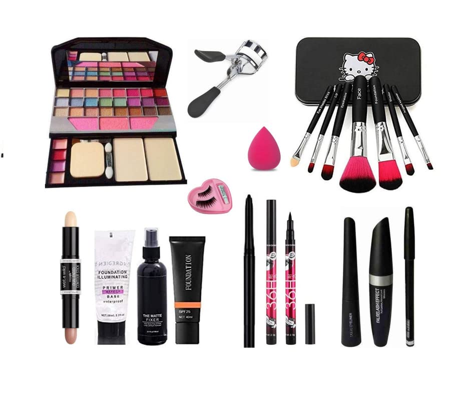 Glowhouse Professional makeup combo 6155 Makeup kit,Lipstick,Makeup sponge,Black hellom kitty makeup brush,Eyeliner,Mascara set combo (Set of 10)