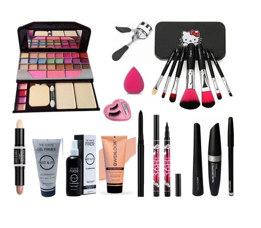Glowhouse Professional makeup combo 6155 Makeup kit,Lipstick,Makeup sponge,Black hellom kitty makeup brush,Eyeliner,Mascara set combo (Set of 10)