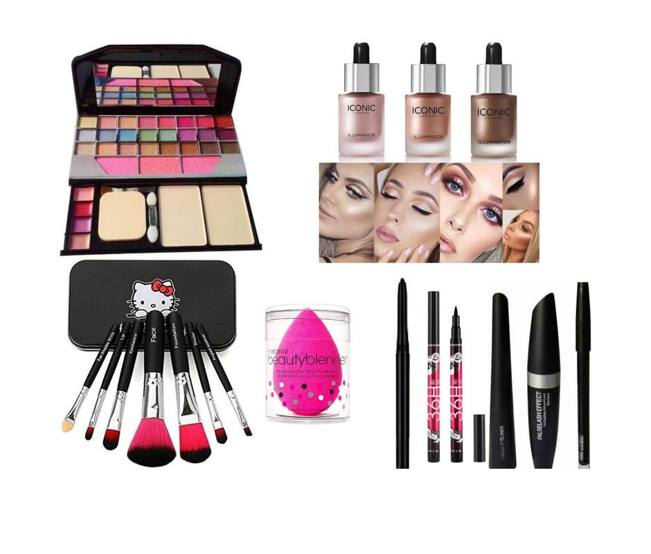 Glowhouse Professional makeup combo 6155 Makeup kit,Lipstick,Makeup sponge,Black hellom kitty makeup brush,Eyeliner,Mascara set combo (Set of 10)