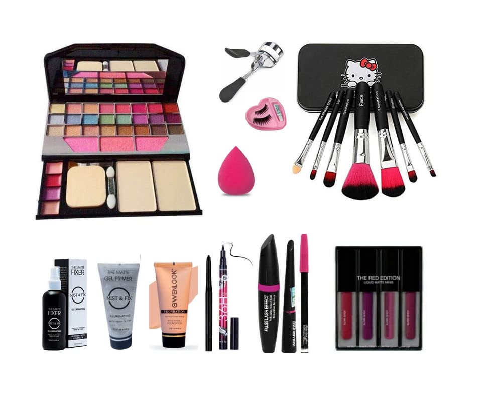 Glowhouse Professional makeup combo 6155 Makeup kit,Lipstick,Makeup sponge,Black hellom kitty makeup brush,Eyeliner,Mascara set combo (Set of 10)