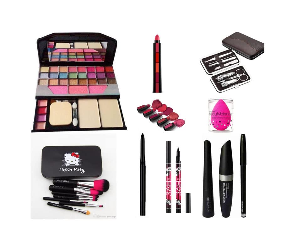 Glowhouse Professional makeup combo 6155 Makeup kit,Lipstick,Makeup sponge,Black hellom kitty makeup brush,Eyeliner,Mascara set combo (Set of 10)