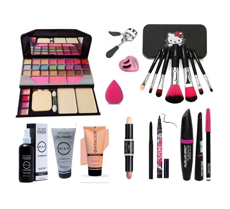 Glowhouse Professional makeup combo 6155 Makeup kit,Lipstick,Makeup sponge,Black hellom kitty makeup brush,Eyeliner,Mascara set combo (Set of 10)