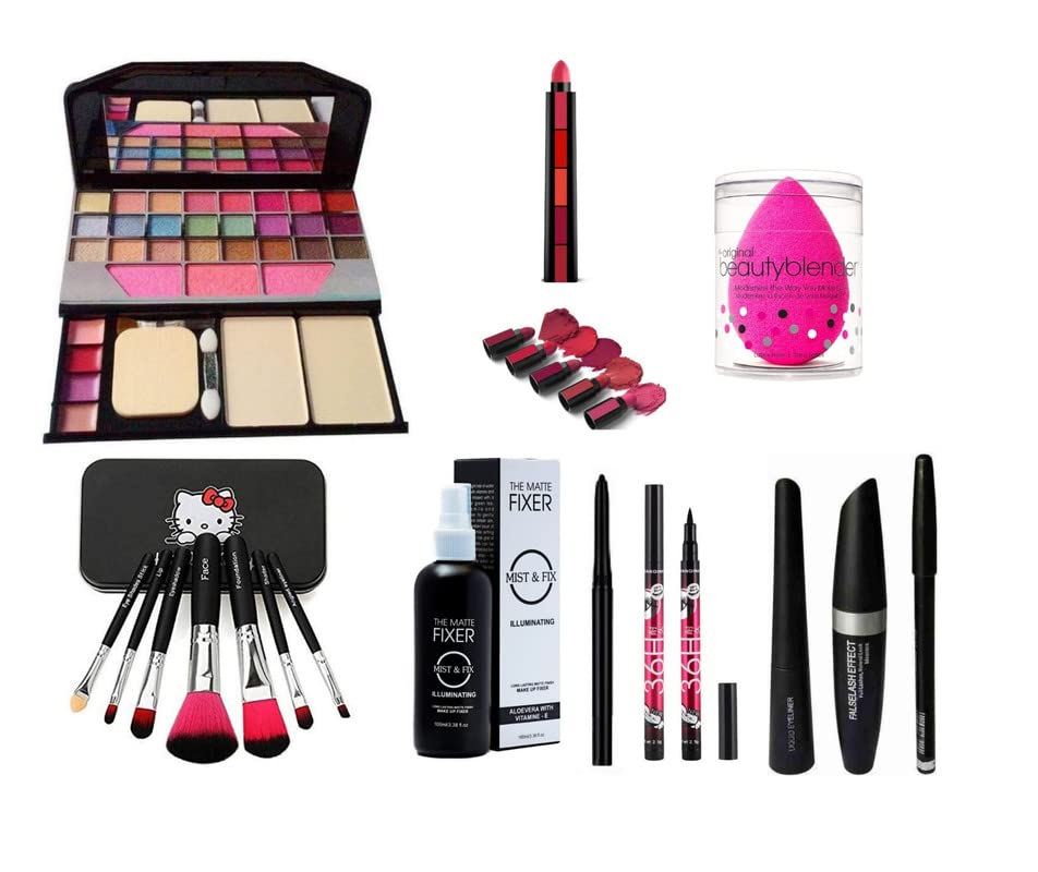 Glowhouse Professional makeup combo 6155 Makeup kit,Lipstick,Makeup sponge,Black hellom kitty makeup brush,Eyeliner,Mascara set combo (Set of 10)