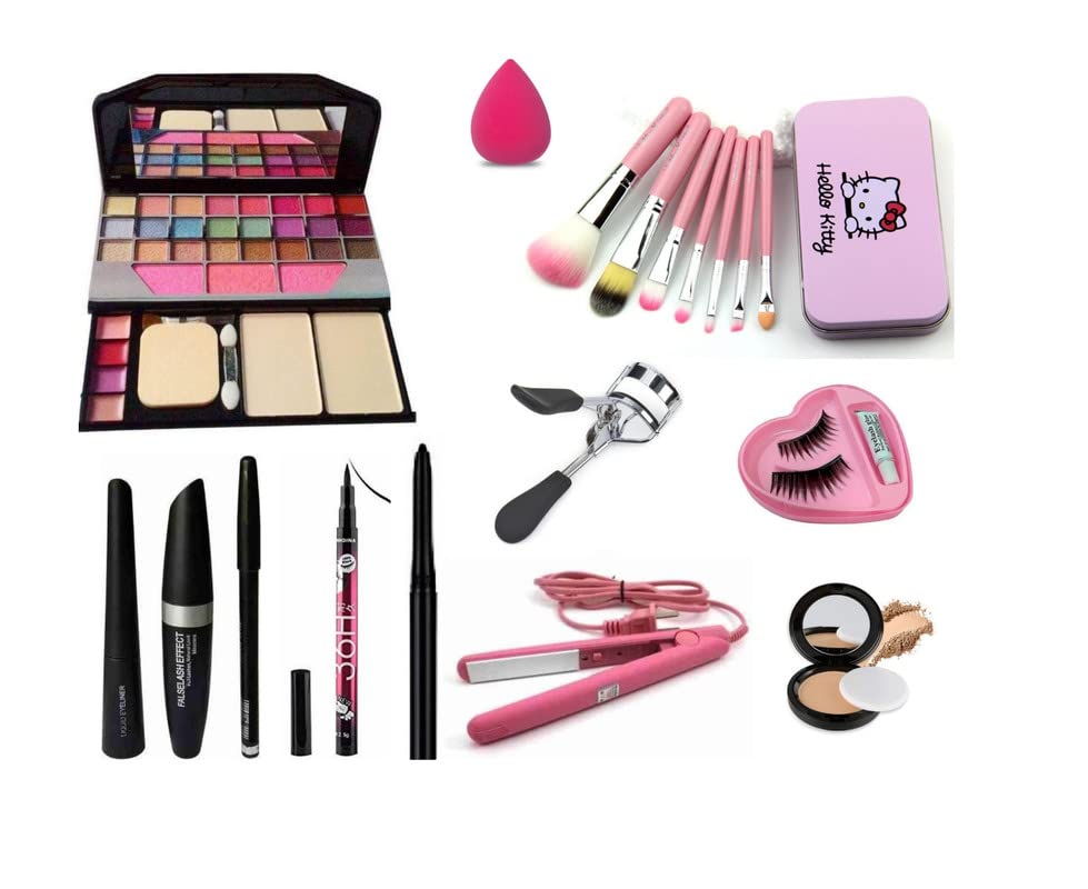Glowhouse Professional makeup combo 6155 Makeup kit,Lipstick,Makeup sponge,Black hellom kitty makeup brush,Eyeliner,Mascara set combo (Set of 10)