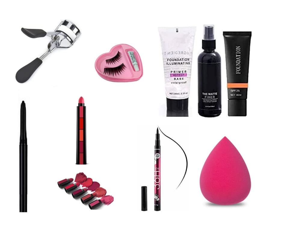 Glowhouse Professional makeup combo 6155 Makeup kit,Lipstick,Makeup sponge,Black hellom kitty makeup brush,Eyeliner,Mascara set combo (Set of 10)