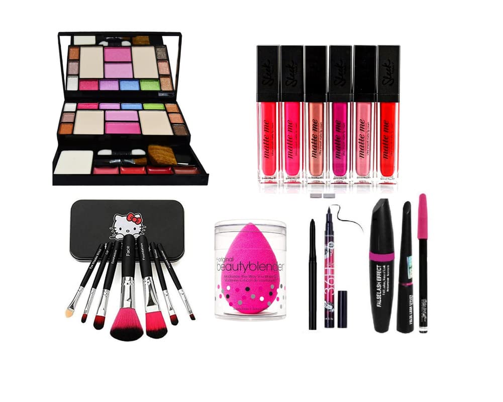 Glowhouse Professional makeup combo 6155 Makeup kit,Lipstick,Makeup sponge,Black hellom kitty makeup brush,Eyeliner,Mascara set combo (Set of 10)