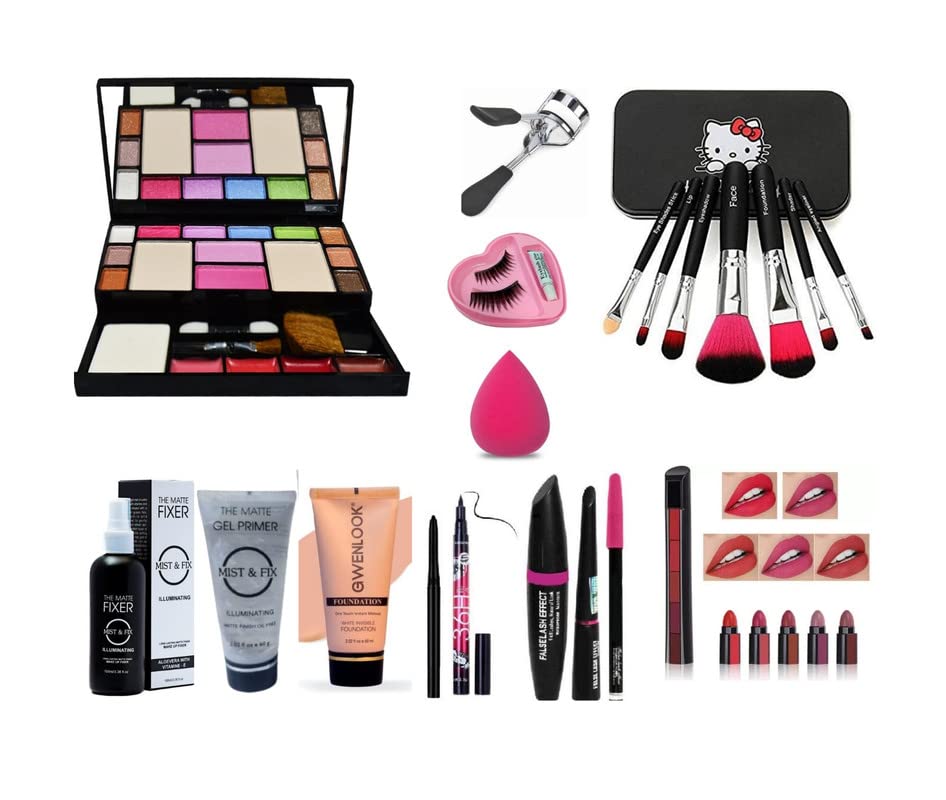 Glowhouse Professional makeup combo 6155 Makeup kit,Lipstick,Makeup sponge,Black hellom kitty makeup brush,Eyeliner,Mascara set combo (Set of 10)