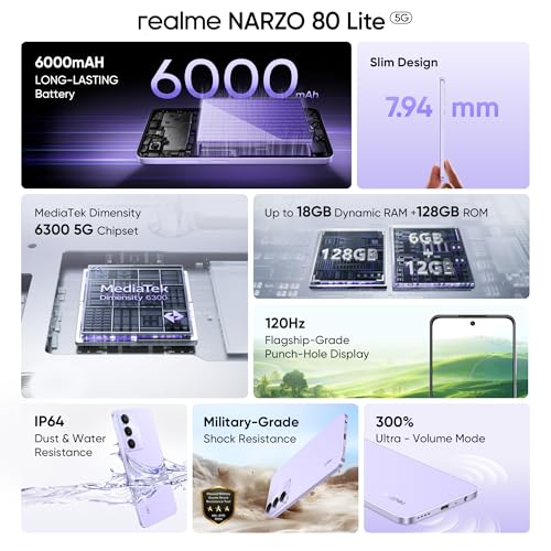 realme NARZO 80 Lite 5G (Onyx Black, 6GB+128GB) | 6000mAh Long-Lasting Battery | MediaTek Dimensity 6300 5G | AI Assist | IP64 Rated Water & Dust Resistance | Military-Grade Durability