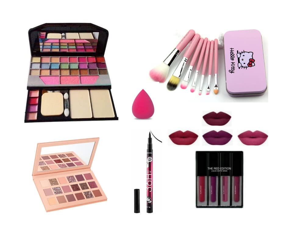 Glowhouse Professional makeup combo 6155 Makeup kit,Lipstick,Makeup sponge,Black hellom kitty makeup brush,Eyeliner,Mascara set combo (Set of 10)