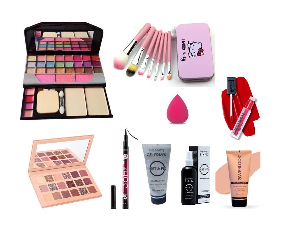 Glowhouse Professional makeup combo 6155 Makeup kit,Lipstick,Makeup sponge,Black hellom kitty makeup brush,Eyeliner,Mascara set combo (Set of 10)