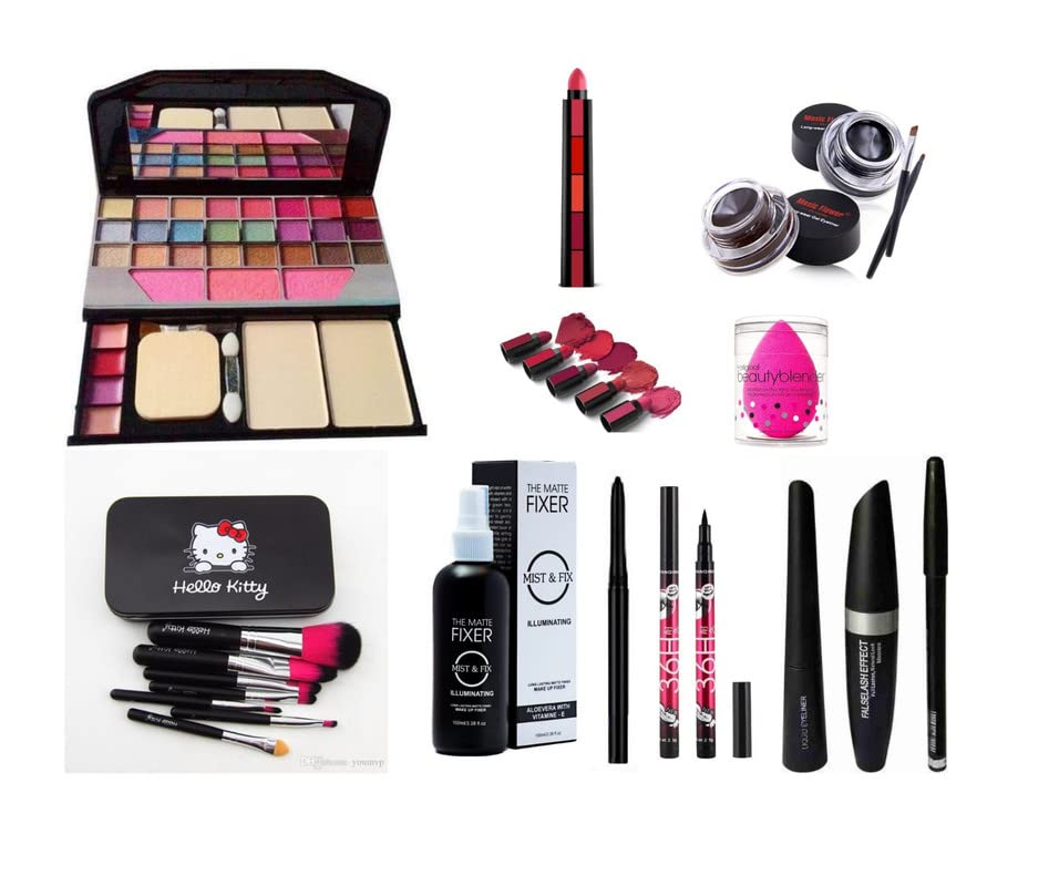 Glowhouse Professional makeup combo 6155 Makeup kit,Lipstick,Makeup sponge,Black hellom kitty makeup brush,Eyeliner,Mascara set combo (Set of 10)