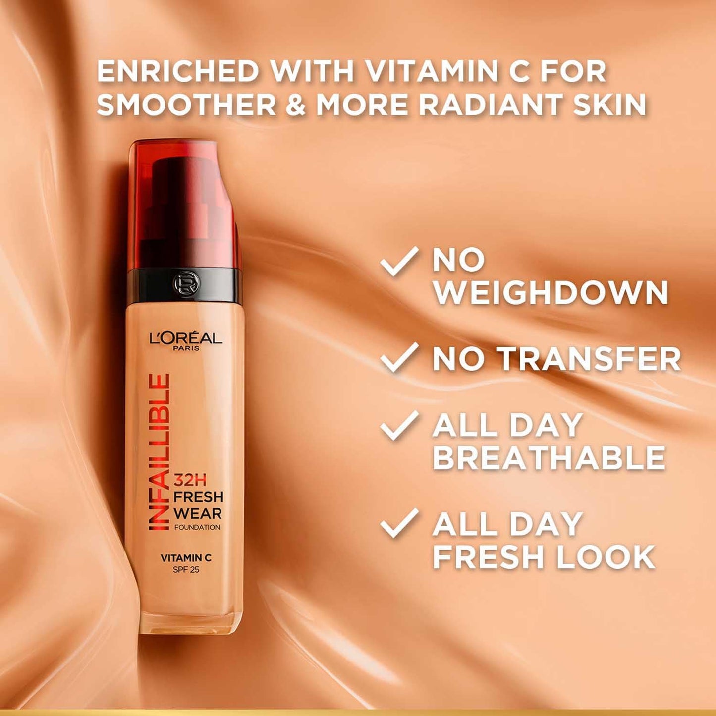 L'Oreal Paris Liquid Foundation, Oil Absorbing Formula, Transferproof, Heatproof and Long-lasting, Infallible 32H Fresh Wear, 260 Golden Sun, 30ml