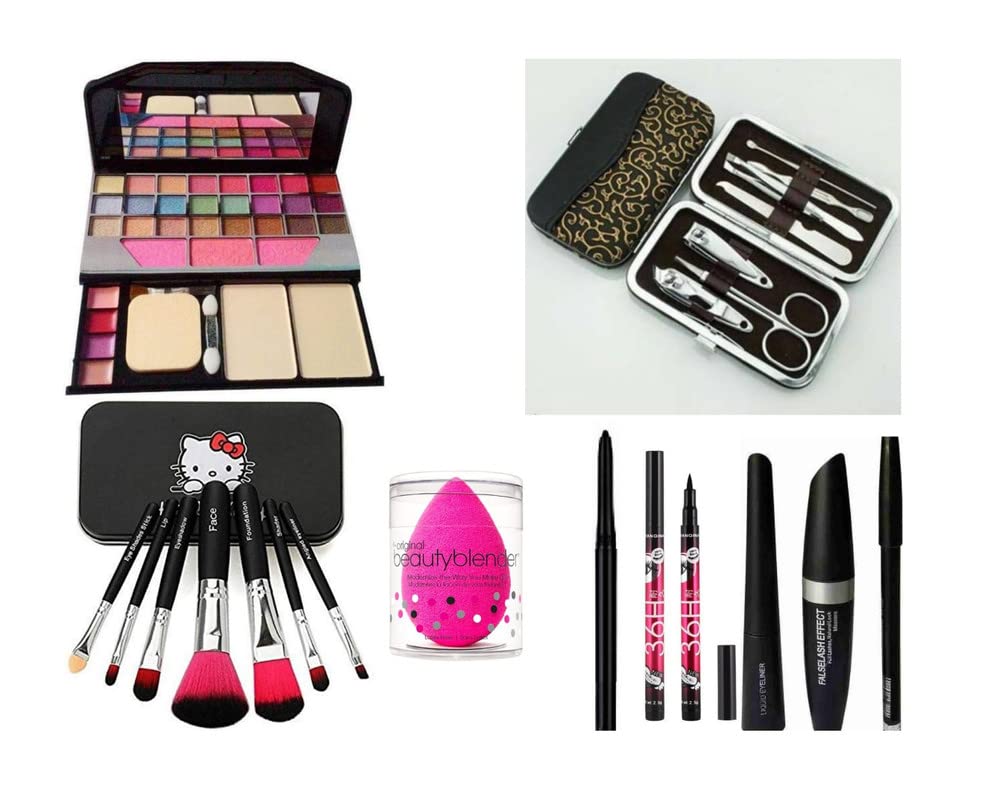 Glowhouse Professional makeup combo 6155 Makeup kit,Lipstick,Makeup sponge,Black hellom kitty makeup brush,Eyeliner,Mascara set combo (Set of 10)
