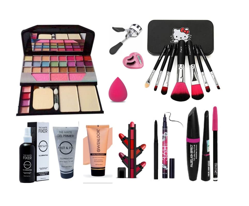 Glowhouse Professional makeup combo 6155 Makeup kit,Lipstick,Makeup sponge,Black hellom kitty makeup brush,Eyeliner,Mascara set combo (Set of 10)