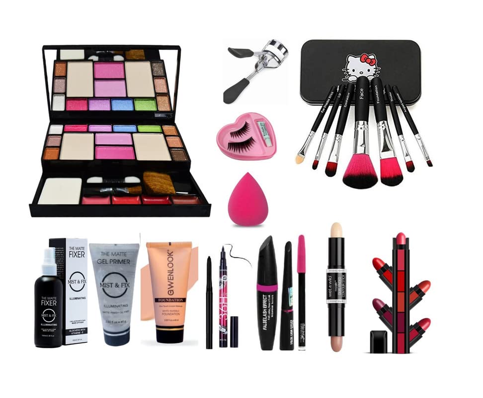 Glowhouse Professional makeup combo 6155 Makeup kit,Lipstick,Makeup sponge,Black hellom kitty makeup brush,Eyeliner,Mascara set combo (Set of 10)