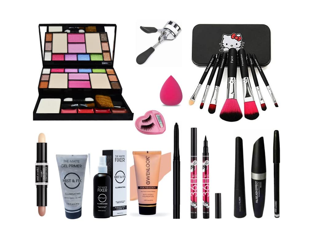 Glowhouse Professional makeup combo 6155 Makeup kit,Lipstick,Makeup sponge,Black hellom kitty makeup brush,Eyeliner,Mascara set combo (Set of 10)
