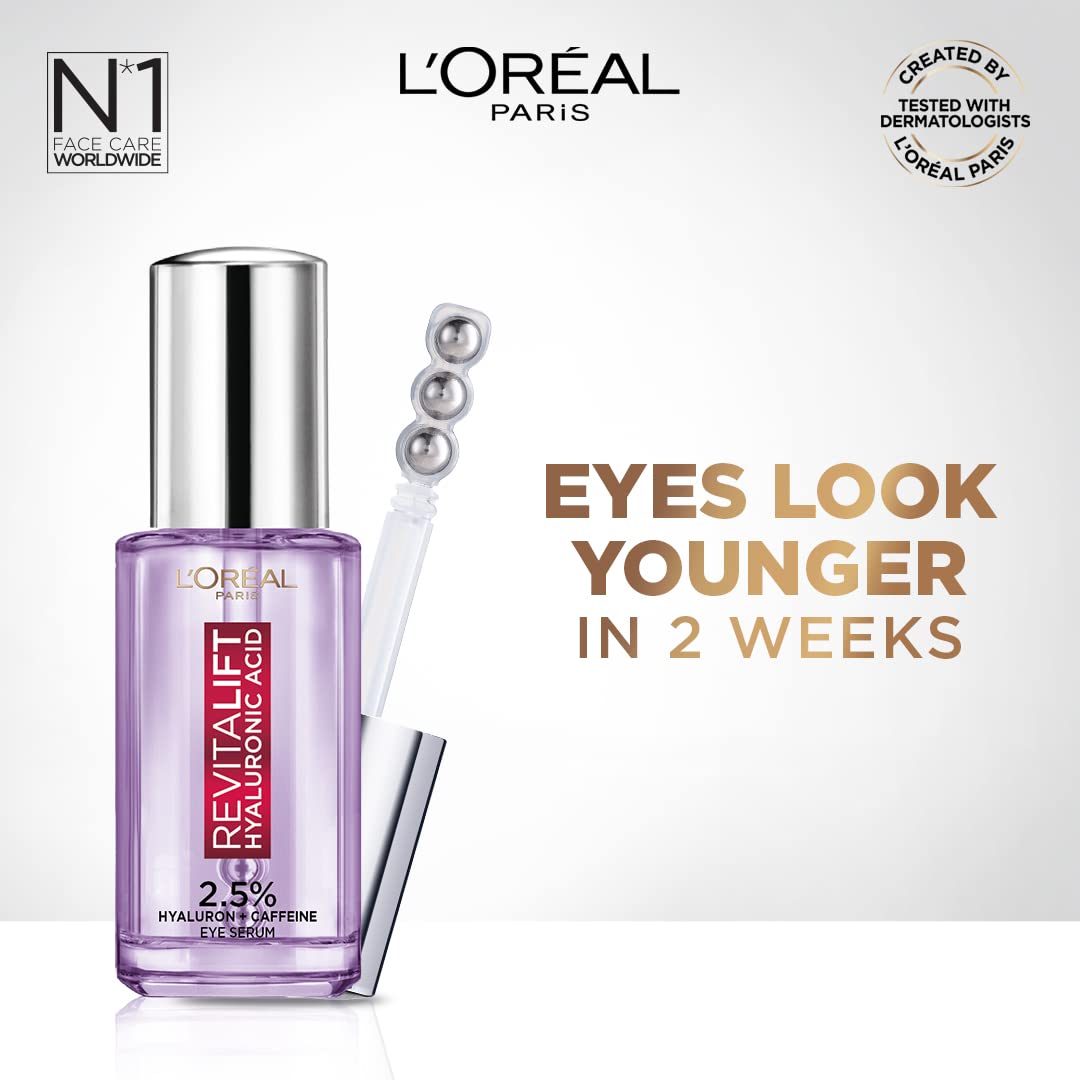 L'Oreal Paris Revitalift Hyaluronic Acid Eye Serum, 20ml, 1.5% Hyaluronic Acid and 1% Caffeine, Lightweight Texture, Non-Sticky, Reduce Fine Lines Under Eyes (Pack of 2)