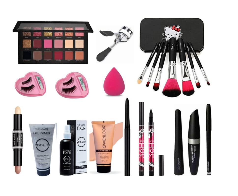 Glowhouse Professional makeup combo 6155 Makeup kit,Lipstick,Makeup sponge,Black hellom kitty makeup brush,Eyeliner,Mascara set combo (Set of 10)