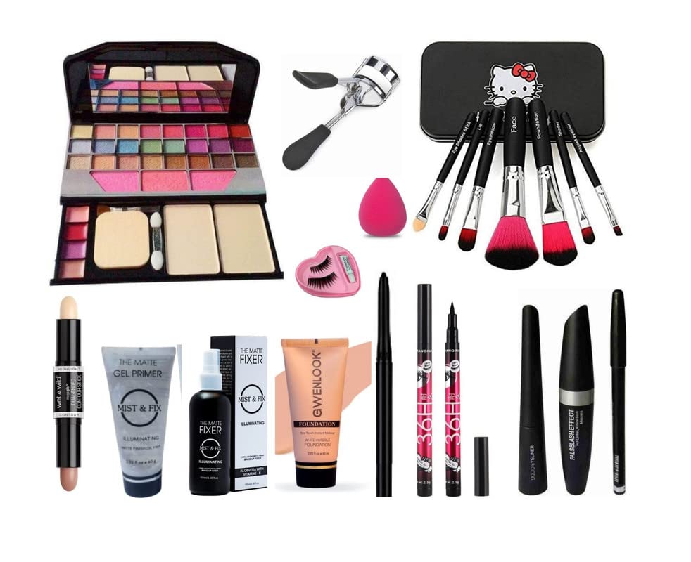 Glowhouse Professional makeup combo 6155 Makeup kit,Lipstick,Makeup sponge,Black hellom kitty makeup brush,Eyeliner,Mascara set combo (Set of 10)