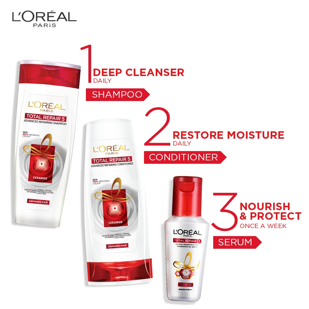 L'Oreal Paris Total Repair 5 Shampoo 704ml Combo with Conditioner, 192.5ml + Serum, 40ml FREE