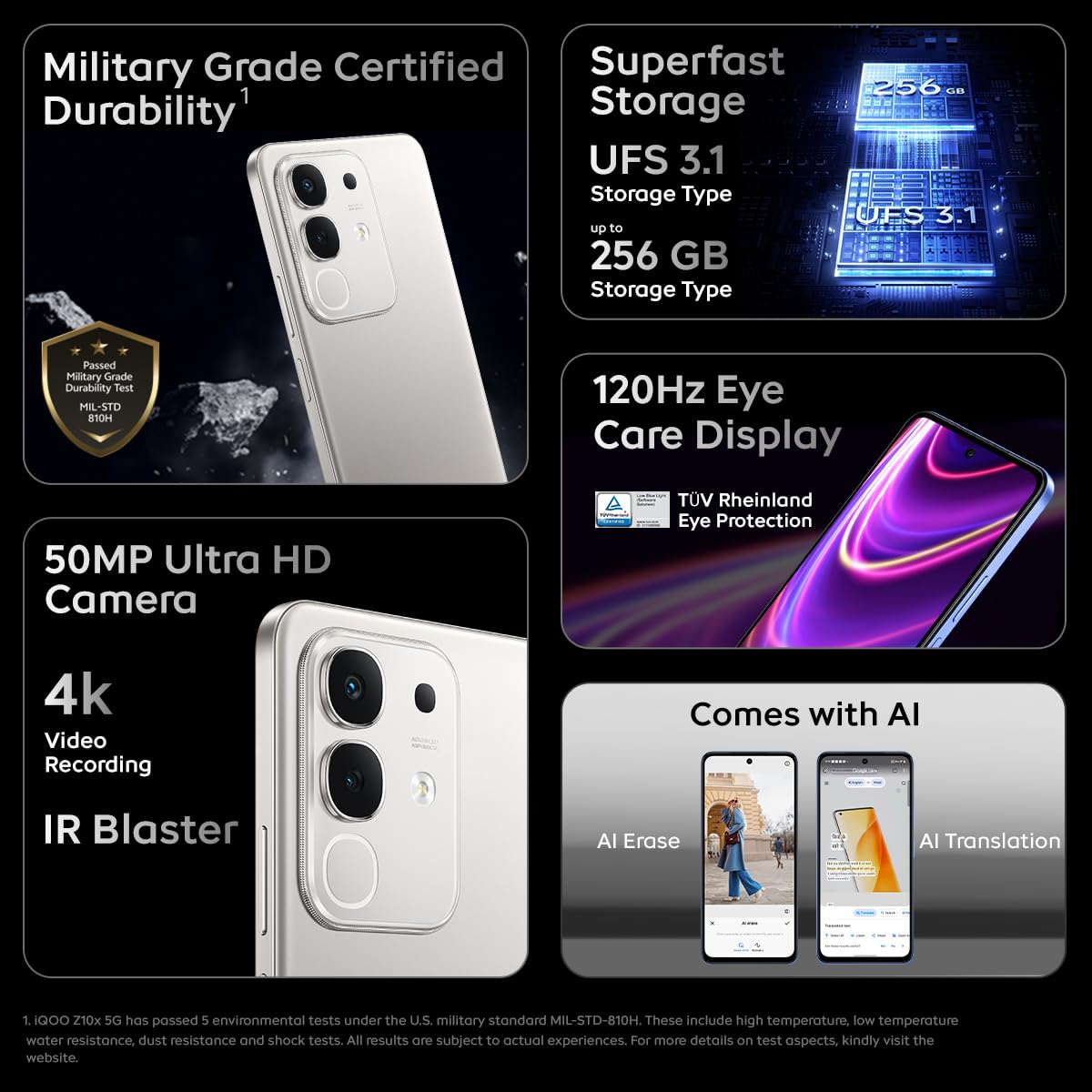 iQOO Z10x 5G (Ultramarine, 6GB RAM, 128GB Storage) | 6500 mAh Large Capacity Battery | Dimensity 7300 Processor | Military-Grade Durability