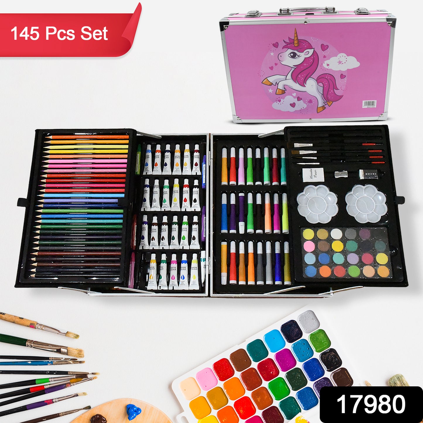 Professional Art Set-drawing Painting Sketching Coloring Kids Set All In 1 Art Case Perfect For Kids With Unicorn Design Case Shading Crayons Oil Pastels Color Set Watercolor Cakes Paint Brush Sharpener Eraser (145 Pcs Set)