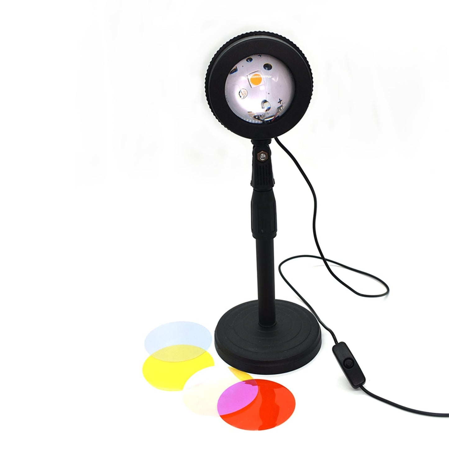 LED sunset lamp, night light, four colors, shown from various angles.