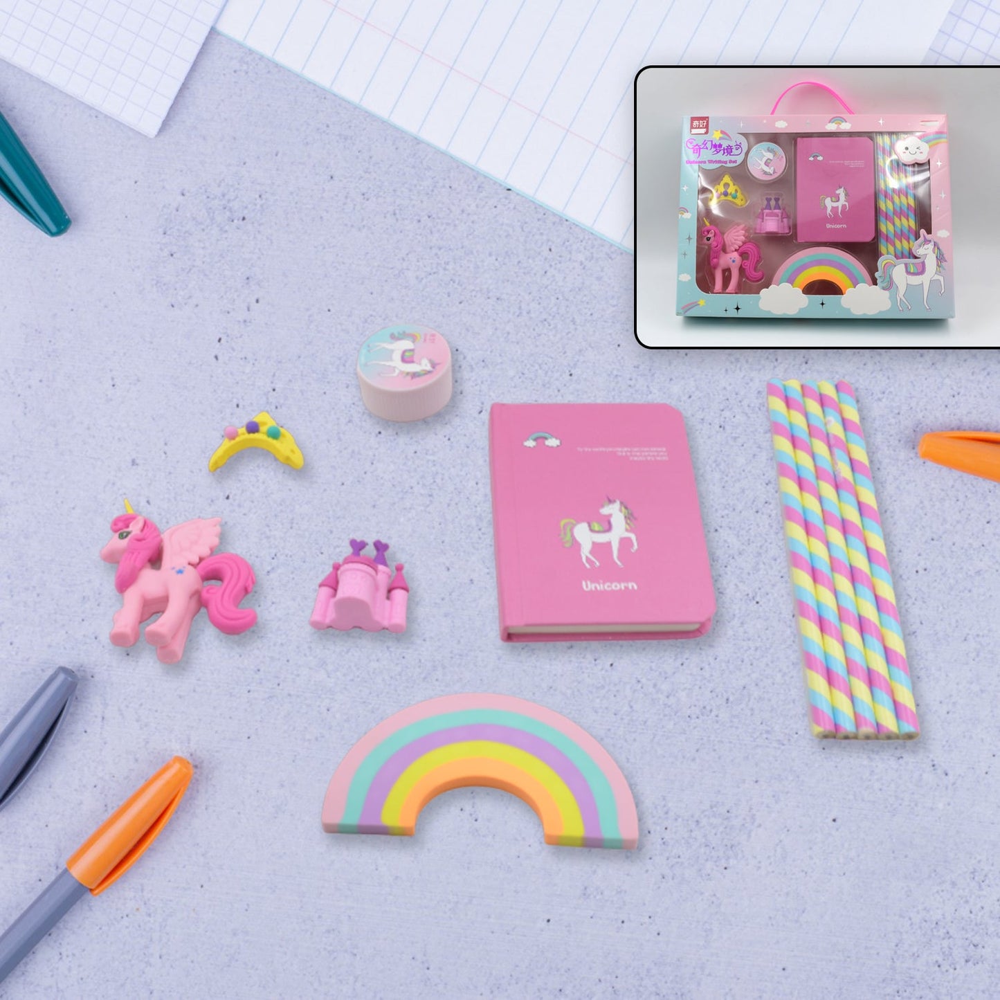 Unicorn stationery set including diary, pencils, and erasers, perfect for young girls.