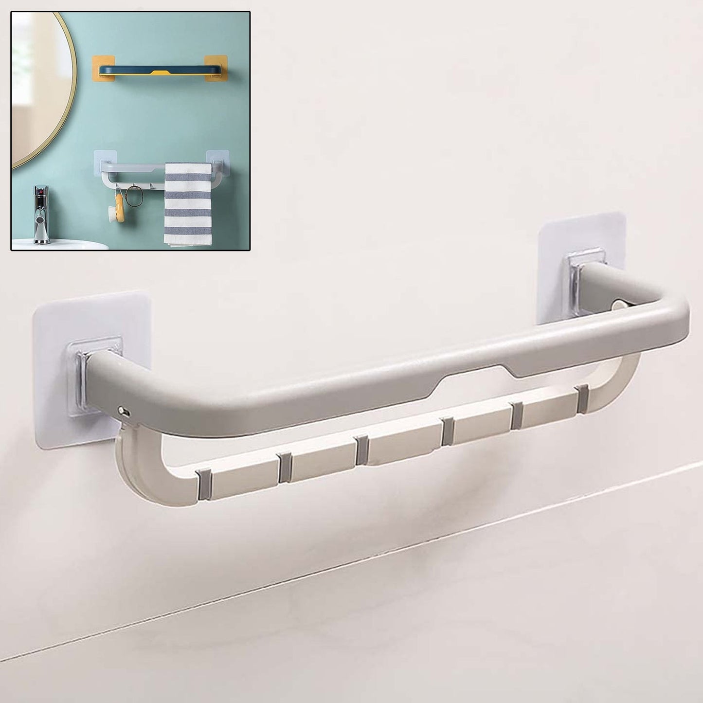 Wall-Mounted Double Bar Towel Holder with Hooks & Adjustable Folding Shelf