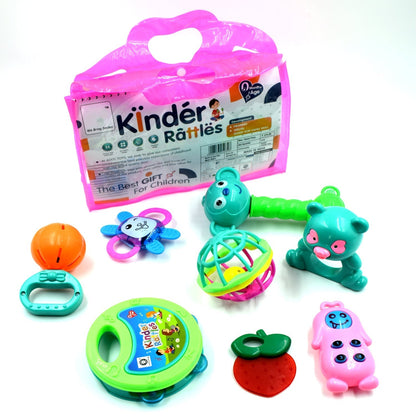 Assorted baby rattles featuring various shapes and colors for baby playtime.