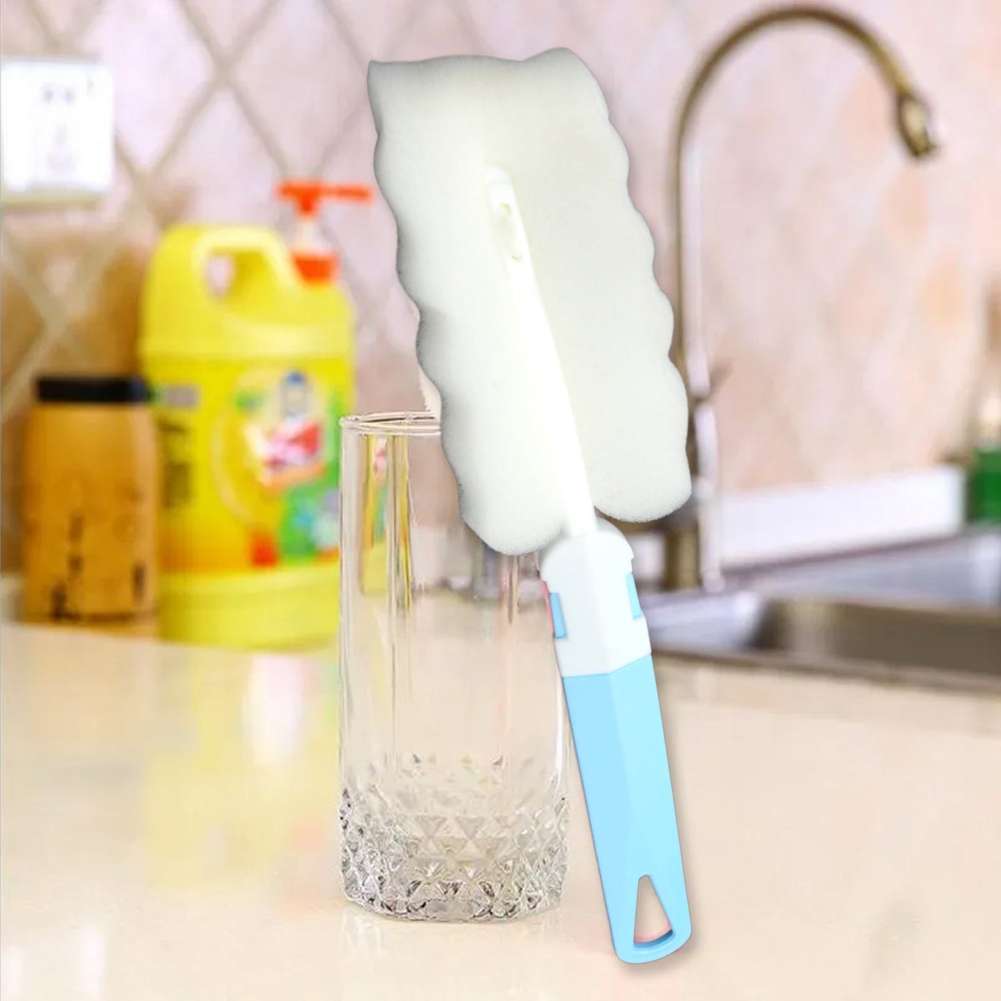 Sponge Cleaning Brush Kitchen Tool Bottle Soft Brush for Dishes| Cleaning Brush Cleaner with Plastic Long Handle, Soft Dish Washing Foam Cleaning Brushes For Cups Mugs Kettles Wine Glasses and Baby Bottles (1 Pc)