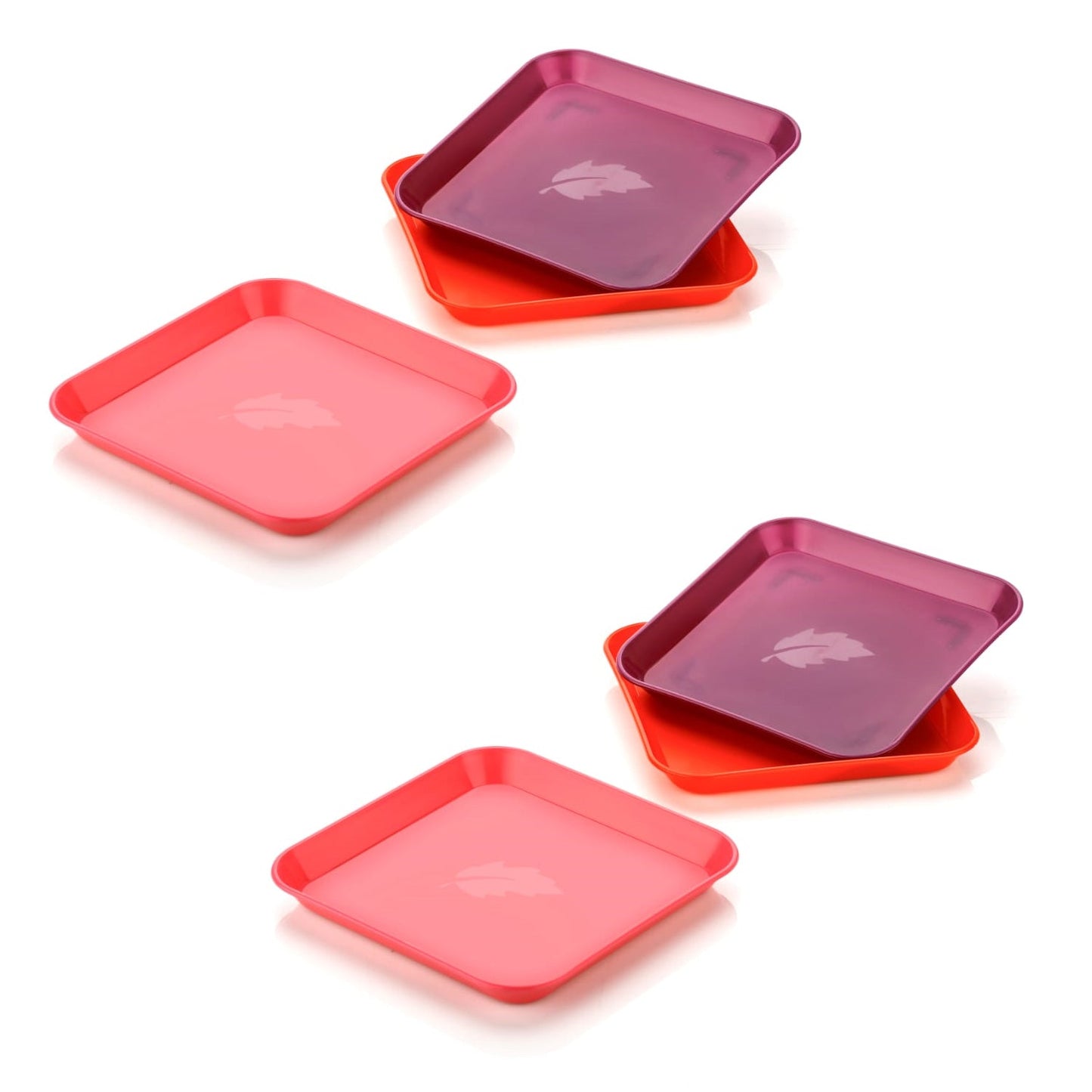 Variety of colorful square plastic plates.