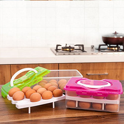 2Layer, 32 Grid Egg Tray with Lid Egg Carrier Holder for Refrigerator, Camping Food Storage Container with Handle (1 Pc )