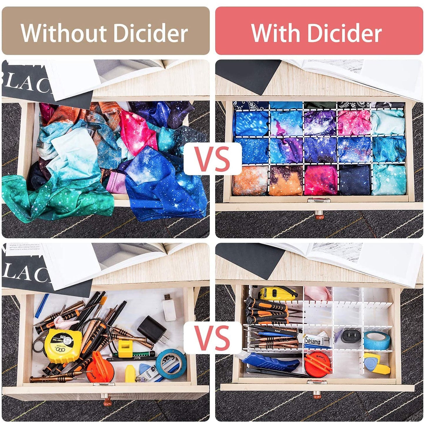 Adjustable drawer organizers, flexible dividers for neat storage