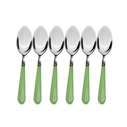 Stainless steel spoons set for dining with ergonomic grip handles.