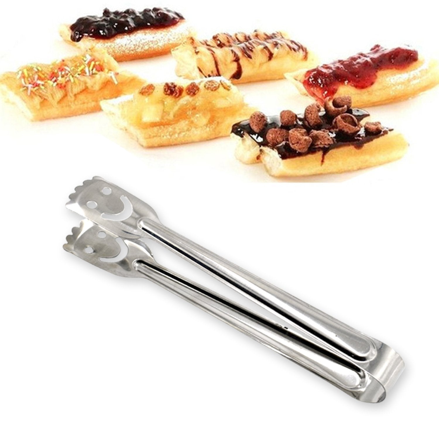 Multipurpose stainless steel tongs with smiley design, single piece.