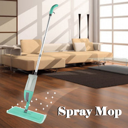 Spray mop head with cleaning pad attached