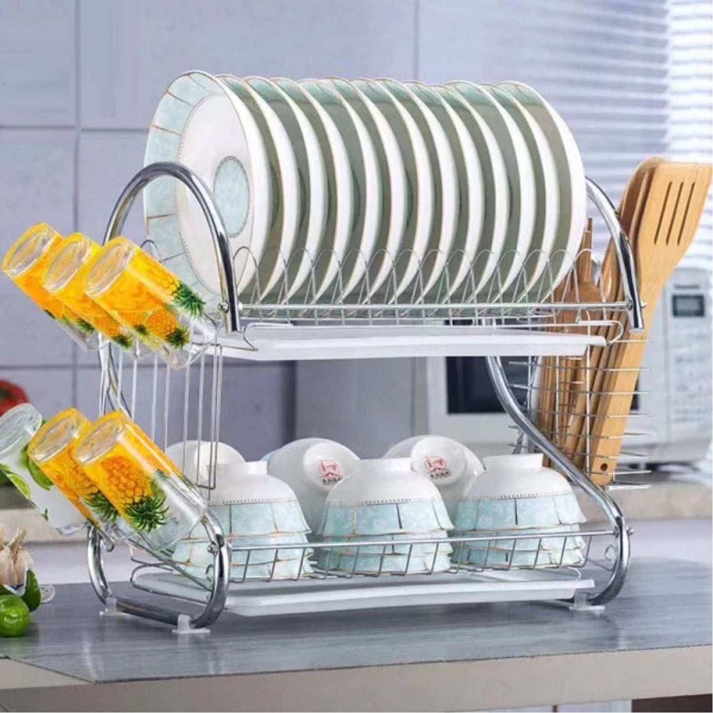 Stainless steel 2-tier dish rack for plates and cutlery