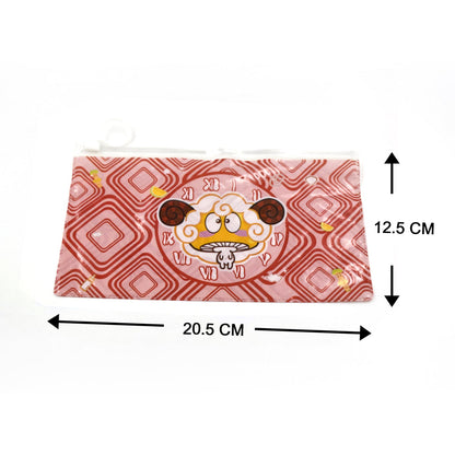 Red pouches with printed pattern for organizing school materials