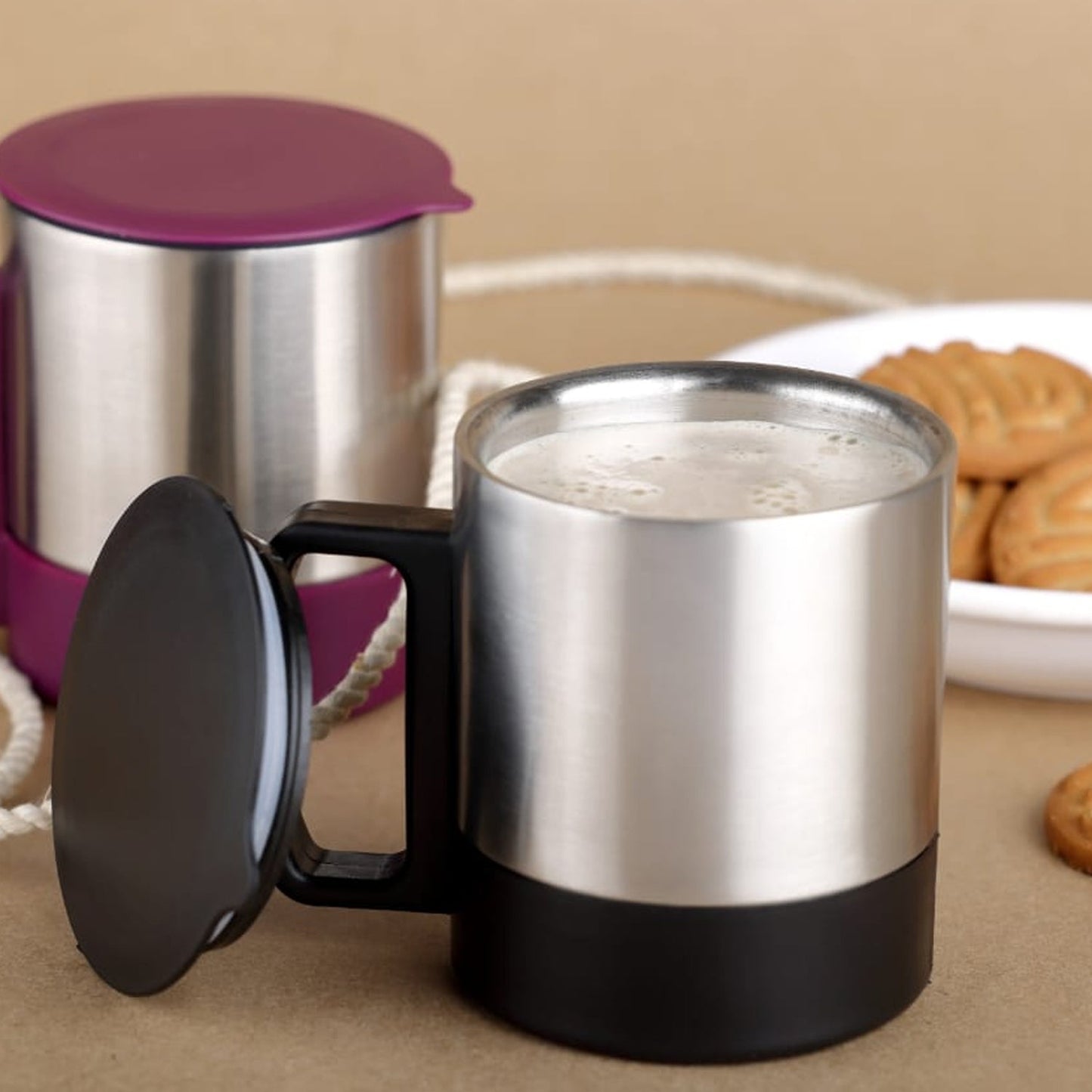 Stainless Steel Coffee/Tea Cup, Stainless Steel Lid Cover Hot Coffee/Tea Mug Hot Insulated Double Wall Stainless Steel, Coffee and Milk Cup with Lid & Handle Easy To Carry - Coffee Cup (1 Pc)