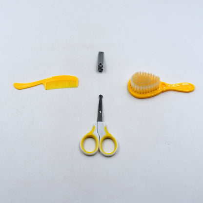 Complete baby care kit with nail clipper, comb, brush, and scissors for safety and grooming.