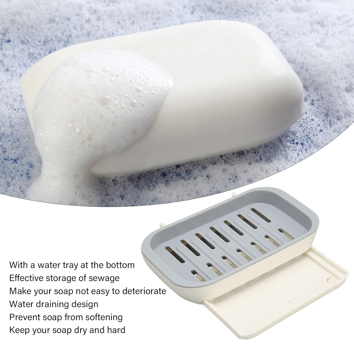 Soap dish with adhesive sticker and drainage features