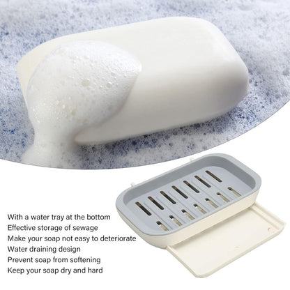 Soap dish with adhesive sticker and drainage features